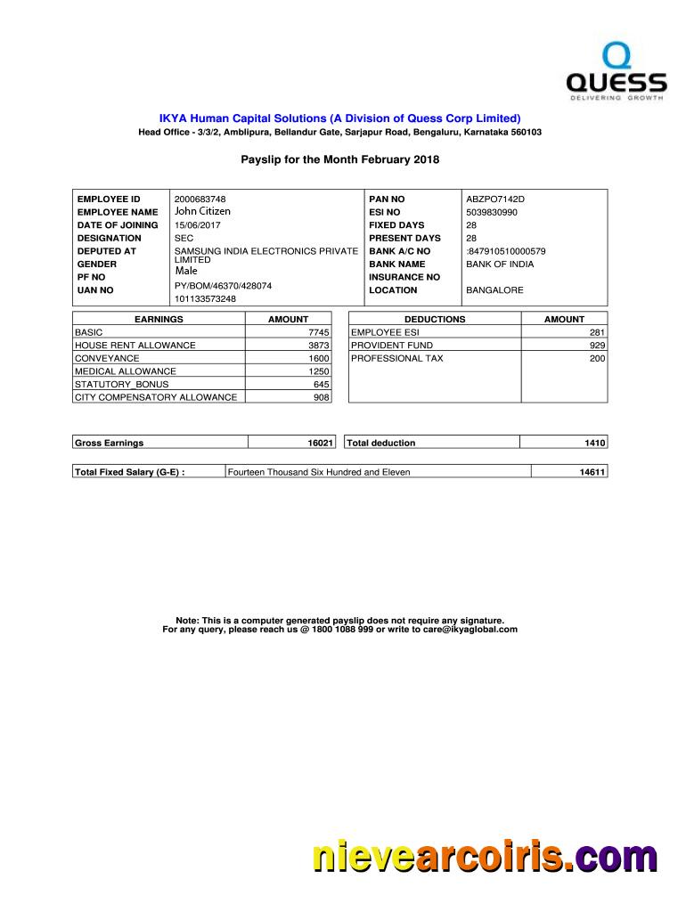 India IKYA Human Capital Solutions payslip